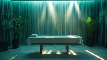 A massage table in a room with green curtains photo