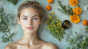 Beautiful woman with flowers and herbs on her face photo