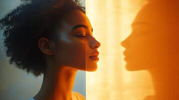 A woman with her eyes closed and her face in the sun photo