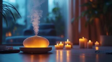 A humidifier in a room with candles and a glass of wine photo