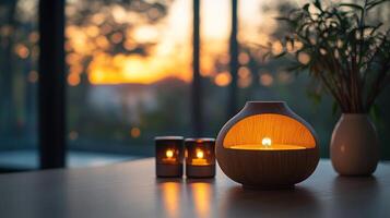 A candle and two vases on a table with a sunset in the background photo