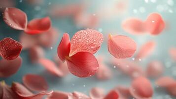 Pink petals falling from the sky with water droplets photo