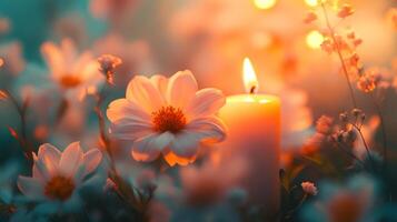 Candle in the field of flowers with soft light photo
