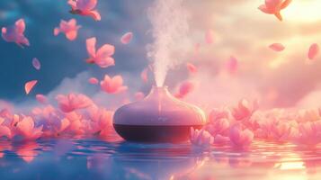 A pink flower is floating in the water with a mist coming out of it photo