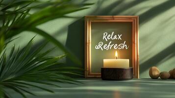 Relax and refresh text on a candle in a frame with green leaves photo