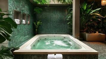 A spa tub surrounded by green plants photo