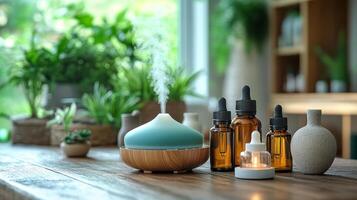 Essential oils and diffusers on a wooden table photo