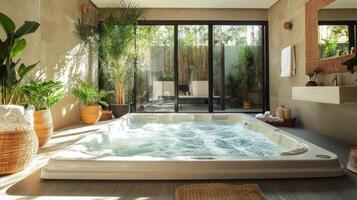 A large jacuzzi tub in a bathroom with plants photo