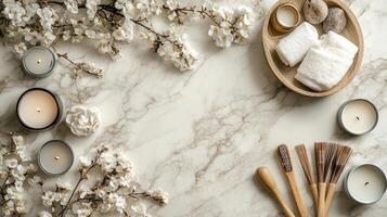 A marble table with a bowl of white flowers, a bowl of towels, and a wooden brush photo