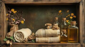 Towels, flowers and bottles of oil in a wooden box photo