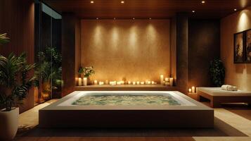 A large bathtub in a room with candles and plants photo
