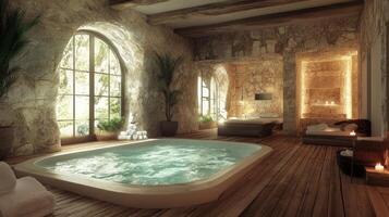 A spa room with a large tub and a window photo