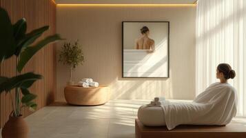 A woman in a bathrobe sitting in a room photo
