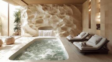 A spa room with a waterfall and waterfall photo