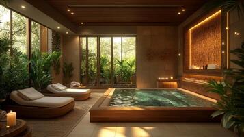 A spa room with a large tub and plants photo