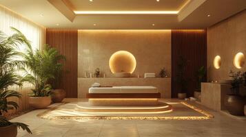 A spa room with a large tub and potted plants photo