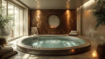 A spa tub in a room with a large window photo