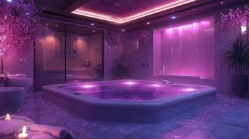 A bathroom with a purple light and a jacuzzi tub photo