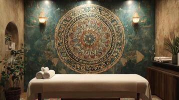 A spa room with a large bed and a large mural photo