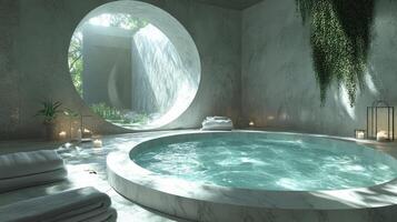 A large circular tub in a room with a window photo