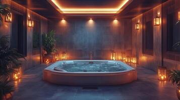 A large jacuzzi tub in a room with candles photo