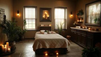 A spa room with candles and plants photo