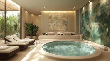 A spa room with a large jacuzzi tub photo
