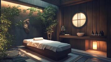 A spa room with a bed and a tree photo