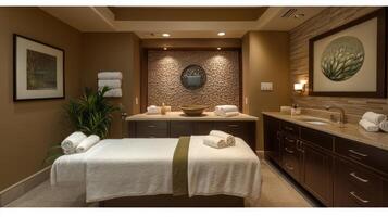 A spa room with a massage table and towels photo