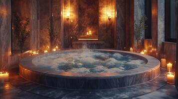 A large jacuzzi tub with candles lit up in it photo