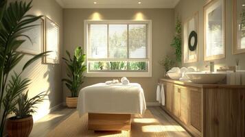 A spa room with a large bed and a potted plant photo