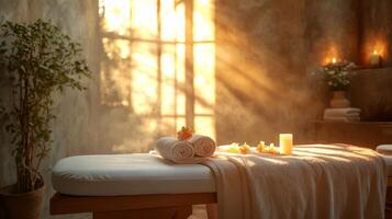A spa room with candles and towels photo