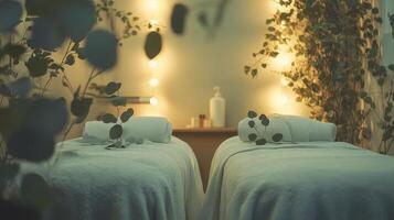 Two beds with towels and plants in a room photo