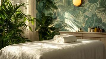 A massage table with towels and plants in the background photo