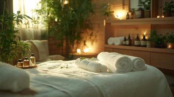 A spa room with candles and towels photo