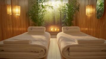 Two towels are placed on a massage table photo