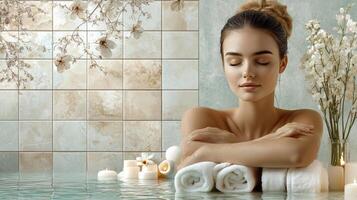 A woman relaxing in a spa with towels photo