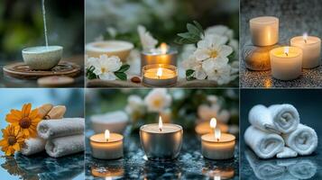 A collage of candles, flowers and towels photo