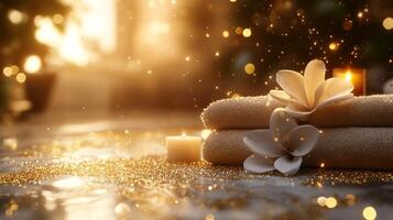 Spa towels and candles on a table with golden light photo