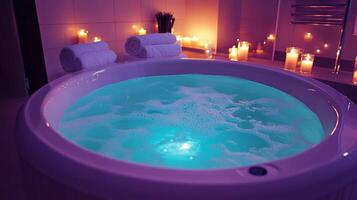 A bath tub with candles lit up in the background photo