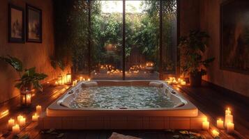 A jacuzzi tub surrounded by candles and plants photo