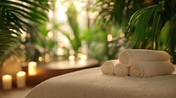 Spa treatment with candles and towels photo