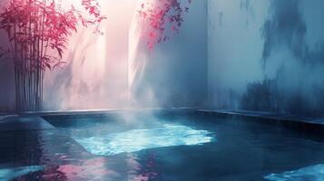 A pool with a fountain and a tree in the background photo