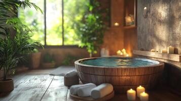 A wooden bathtub with candles and plants in it photo