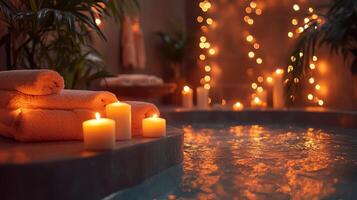 Candles and towels in a spa tub with candles photo