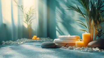 Spa room with candles and towels on the floor photo