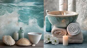 A bathroom with towels, candles and shells photo