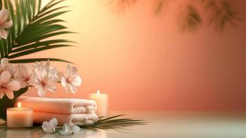 Spa scene with flowers and candles on a table photo
