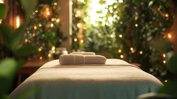 A massage table with towels and plants in the background photo