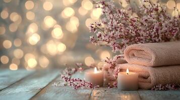 Spa towels and candles on wooden table with bokeh lights photo